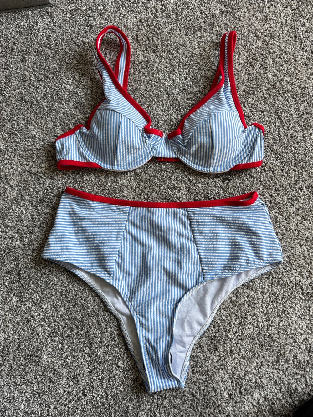 Striped High-Waist Bikini Set with Red Trim - Blue/White